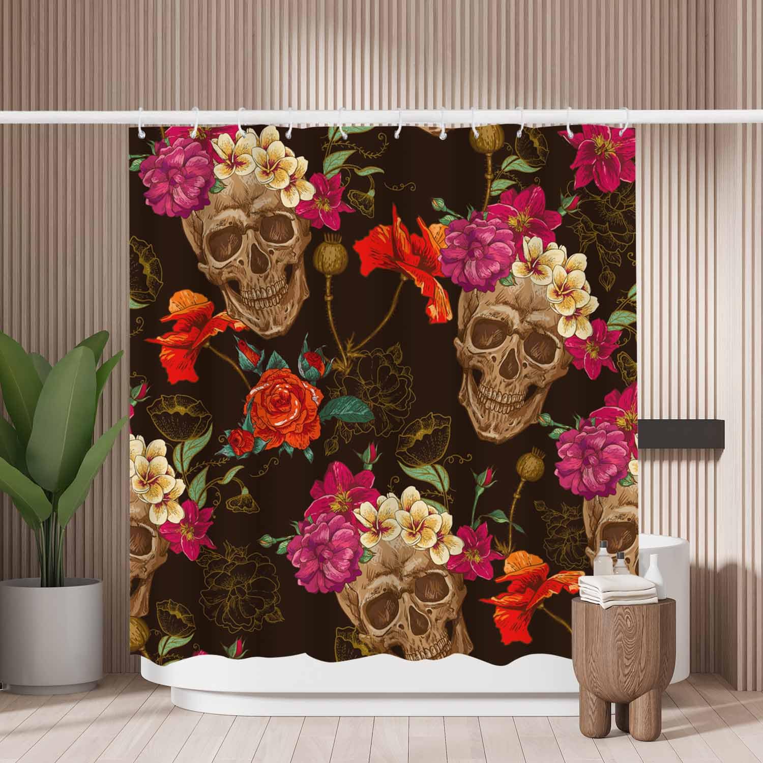 Woutay Shower Curtain Water Repellant Fabric Skull Flowers,Mould Proof Resistant,Polyester,with 12 Plastic Hooks