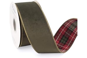 Ribbli Moss Green Velvet Wired Ribbon with Plaid Reversible 2.5 Inch Christmas Ribbon for Gift Wrapping Christmas Tree Decoration Crafts Wreaths Supplies-Continuous 10 Yards