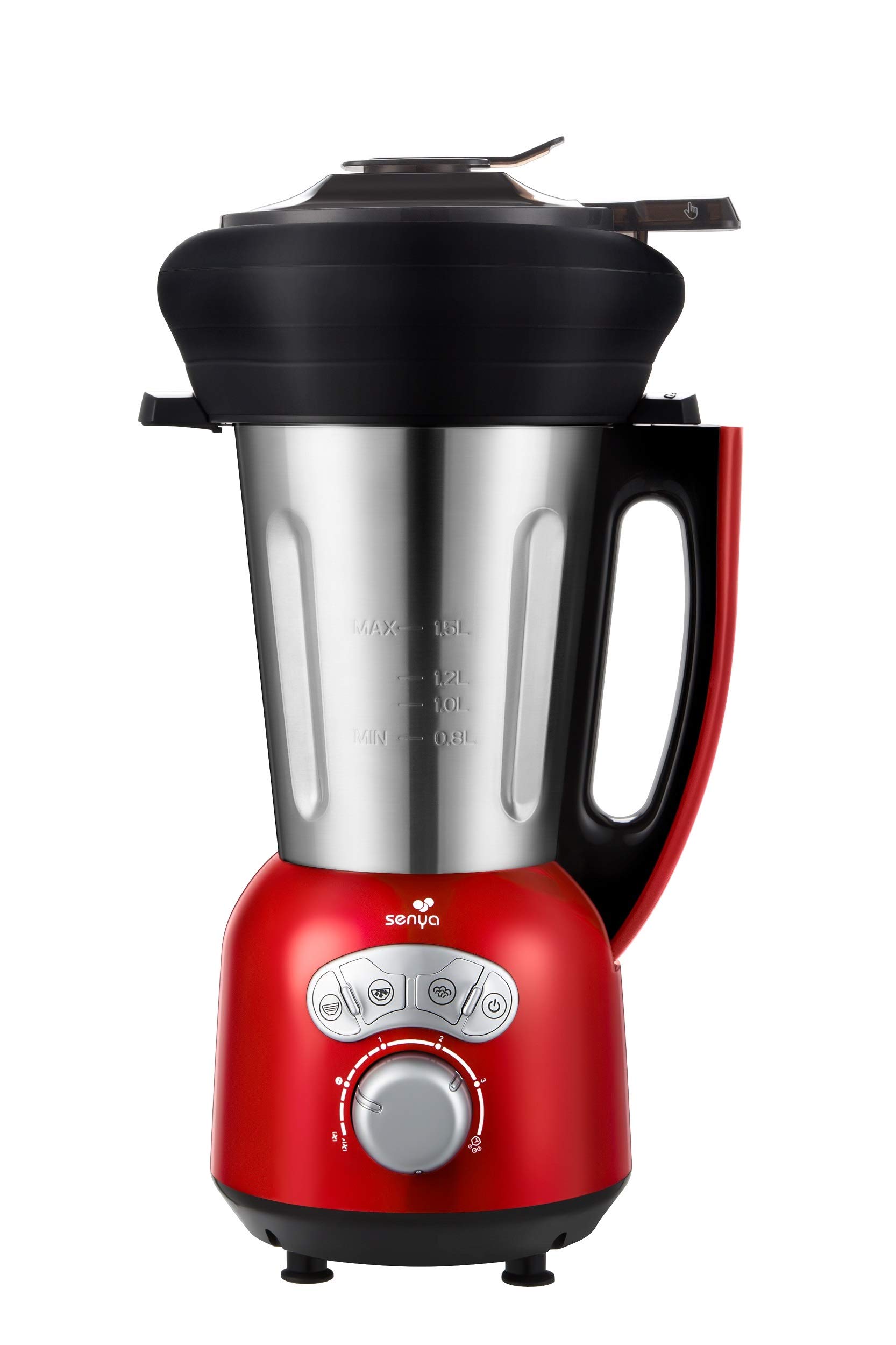 Senya Blender Chauffant Inox Cook & Ice V3 Rouge, Mixeur Soupe Veloutée/Moulinée, Cuisson Vapeur, Glace Pilée Smoothies, 1,5L, 1400W, Et Son Panier Vapeur En Silicone Piable De 2L Sycp-Hb008Ra