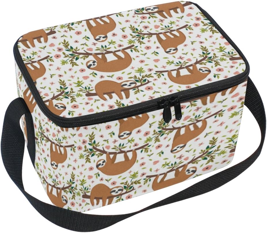 Cute Animal Sloth on Tree Flower Lunch Box Bag, Insulated Cooler Ice Lunch Tote Bag Reusable for Men Women Adult Kids Boys Girls