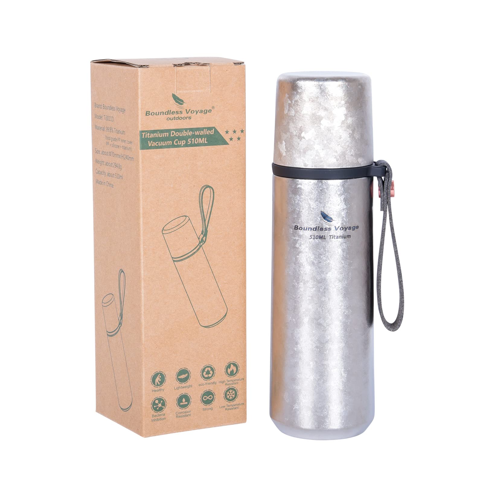 Boundless Voyage Titanium Water Bottle Vacuum Insulated Flask Bottle with Cup Lid Water Jug, Keeps Hot or Cold (17.2fl oz/510ml) Ti3011D