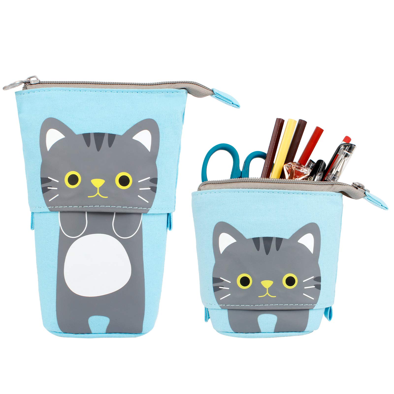 Jubaopen Cartoon Cute Cat Pencil Pouch Cute Cat Pencil Case Stationery Pen Case Box Cartoon Pen Case with Zipper Canvas Telescopic Pencil Cases for Kids Students(17.5×12.5cm, Blue)