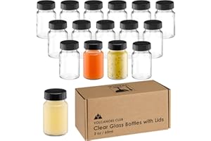 VOLCANOES CLUB 2oz Glass Jars with Lids - Glass Shot Bottles Set for Liquids, Juicing, Ginger Shot, Sample - Small Containers
