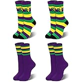 BOARDFEB Mardi Gras Socks for Men, 4-Pack Carnival Novelty Crew Socks (2 Designs), Cotton Mardi Gras Accessories for Outfit, Purple Gold Green