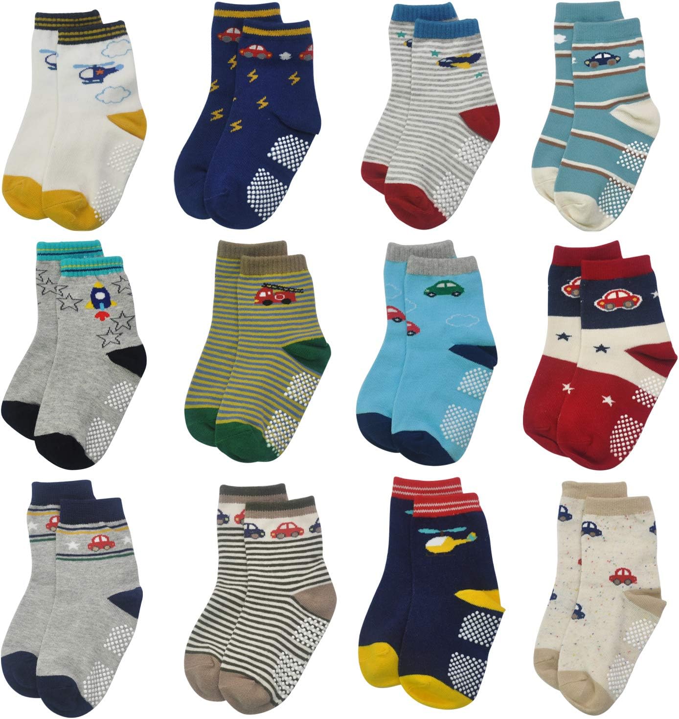 ELUTONG Toddler Non Slip Socks, 12 Pairs Boys and Girls Cotton Crew Socks wit...
