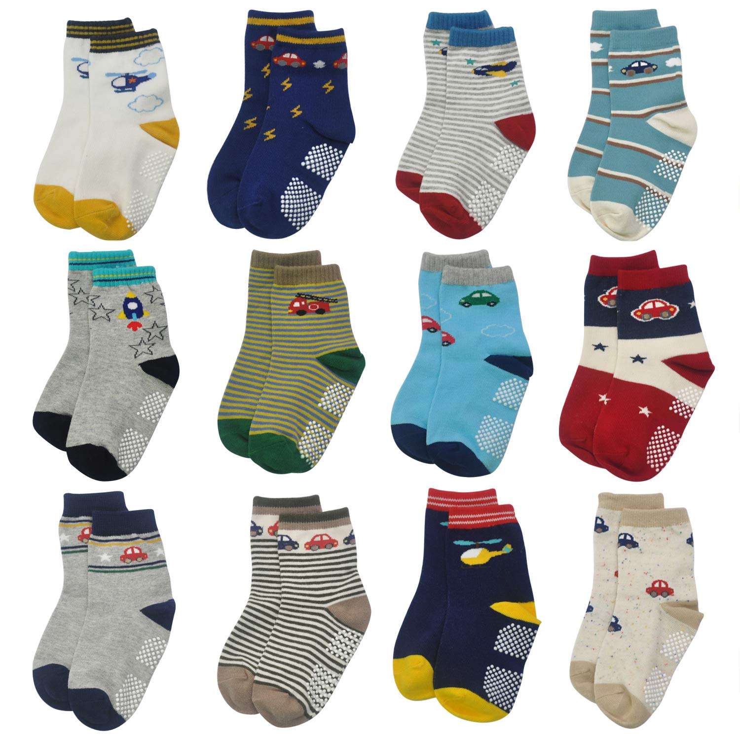 ELUTONG Toddler Non Slip Socks - 12 Pairs Kids Anti Skid Grip Cute Crew Carto...