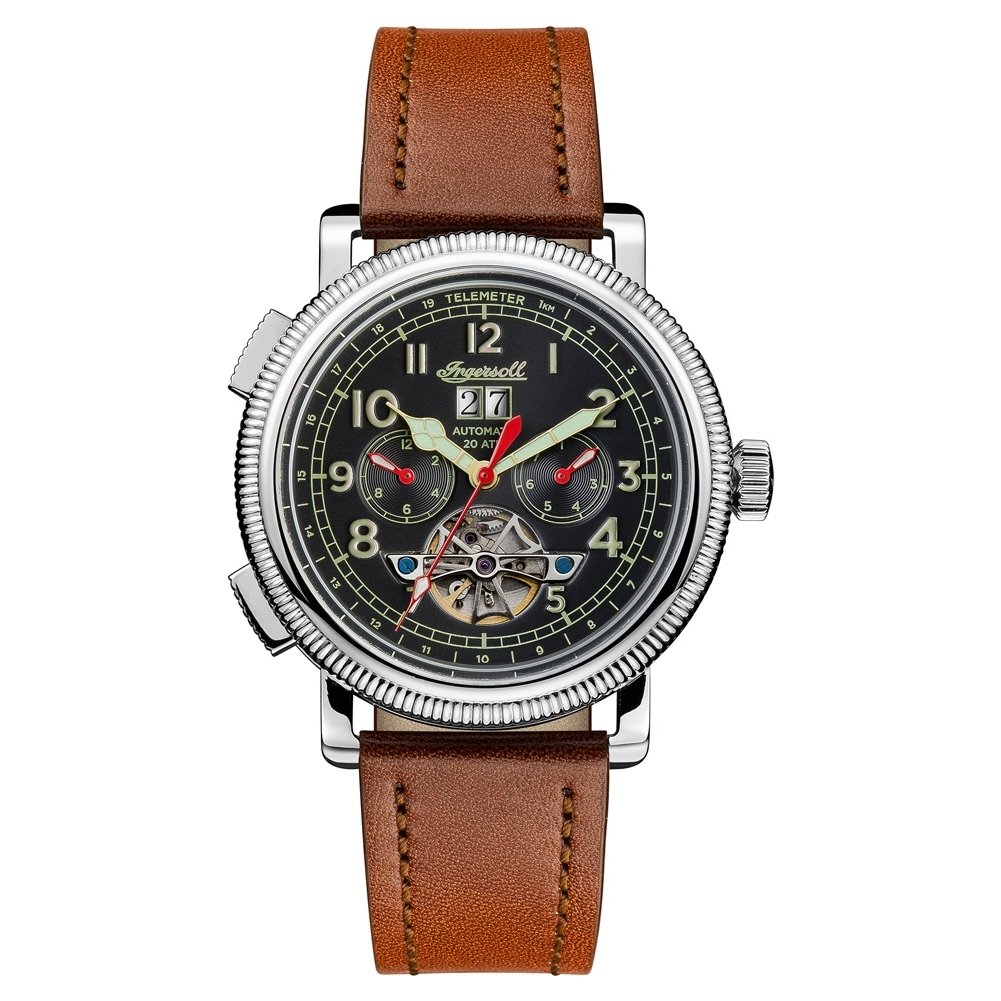 Ingersoll Men's Automatic Watch with Black Dial Analogue Display and Brown Leather Strap I02602