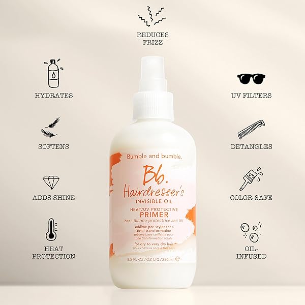 BUMBLE AND BUMBLE. HAIRDRESSER’S INVISIBLE OIL HEAT/UV PROTECTION LEAVE-IN CONDITIONER HAIR PRIMER | HYDRATING, ANTI FRIZZ, COLOR SAFE | STRAIGHT, COILY | WITH ARGAN OIL + COCONUT OIL, 8.5 FL OZ