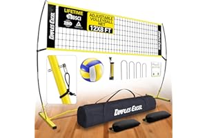 Dimples Excel 12x8 FT Professional Portable Volleyball Net Set with 4 Adjustable Height Levels (5.05–8 FT), Includes Volleyball, Pump, Carry Bag and Sandbags for Indoor/Outdoor Training