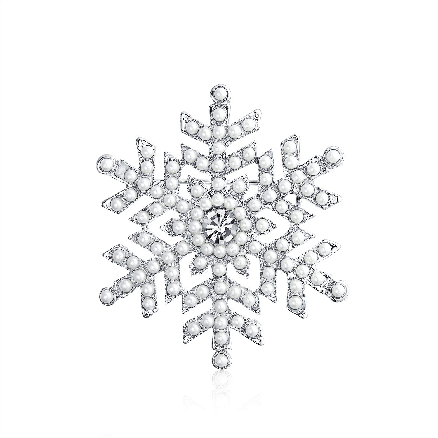 Classic Christmas Holiday Party Simulated White Pearl Crystal Snowflake Brooch Scarf Pin For Women Silver Plated