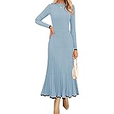 ZESICA Women's Long Sleeve Sweater Dress Fall 2026 Crewneck Ribbed Knit Pleated A-Line Maxi Wedding Guest Dresses