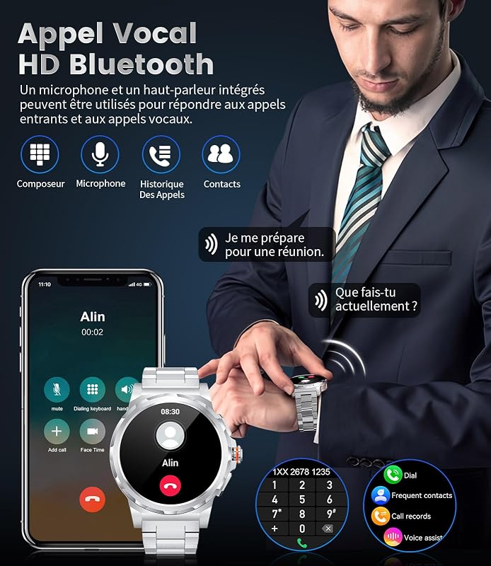 Smartwatch für Herren, Militär, mit Bluetooth-Anruf, 1,43 Zoll AMOLED Smartwatch mit 3 Armbändern, wasserdicht 5 ATM, 110 + Sportmodi, Herzfrequenz / SpO2/Schlafüberwachung, Android iOS — Foto 3 von 8