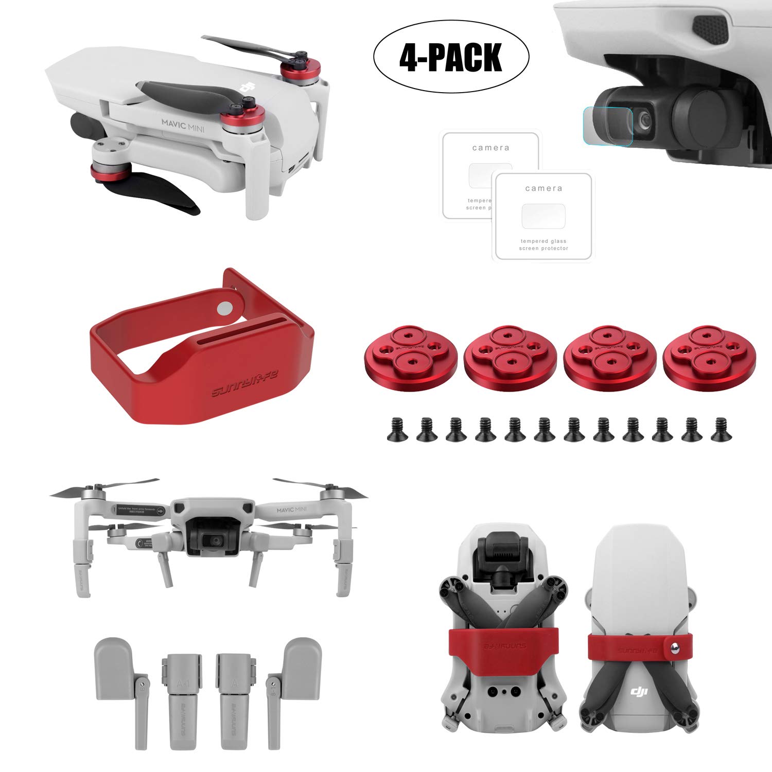 Tineerfor DJI Mavic Mini Drone Accessory Kits - Protective Lens Film Foils + Propeller Guard Lock Fixing Paddle Clip + Landing Gear Extended Legs Sets + Upgrade Motor Cover Dust Proof Cap (Red)