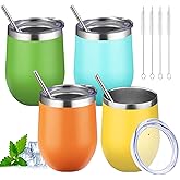 12oz Stemless Wine Tumbler with Lid Double Wall Insulated Wine Cup Stainless Steel Glasses Tumbler with Straw Insulated cocktail Tumbler Coffee Mug for Hot and Cold Beverages (Multicolor-4,4Pack)