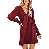 CUPSHE Women's Mini Dress Smocked V Neck Long Sleeve Empire Waist Casual A Line Dress