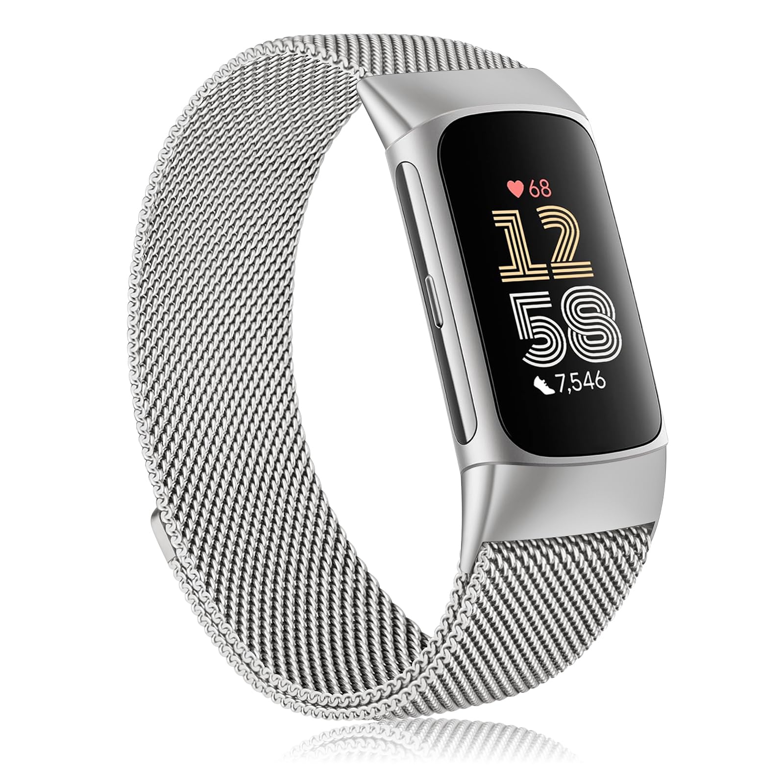 Fitbit Charge 5/6 Metal Mesh Band - Adjustable Stainless Steel Magnetic Loop Replacement for Men and Women (Silver)