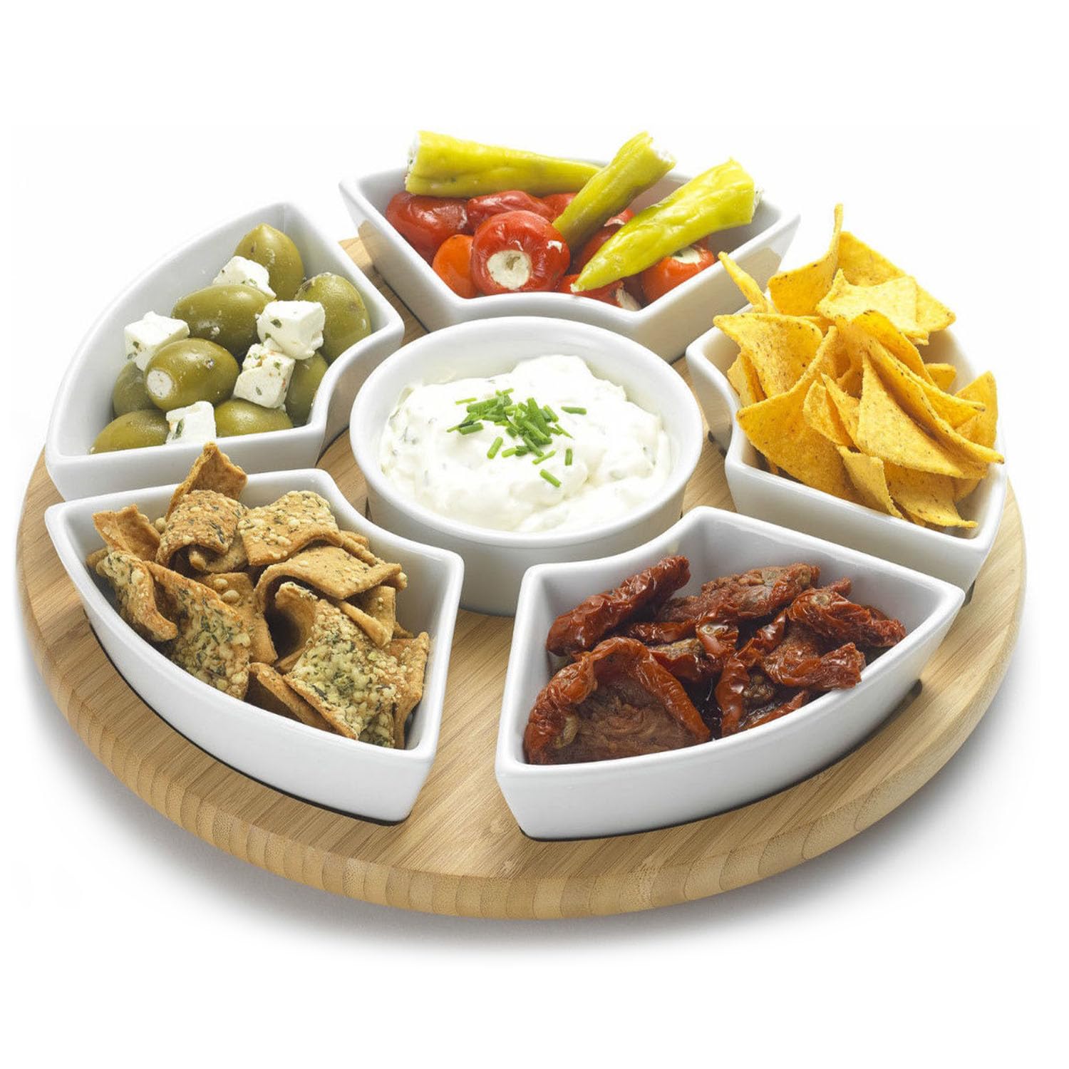 Occasion Rotating Lazy Susan Dip Set with 6 Ceramic Dishes in Colour Box
