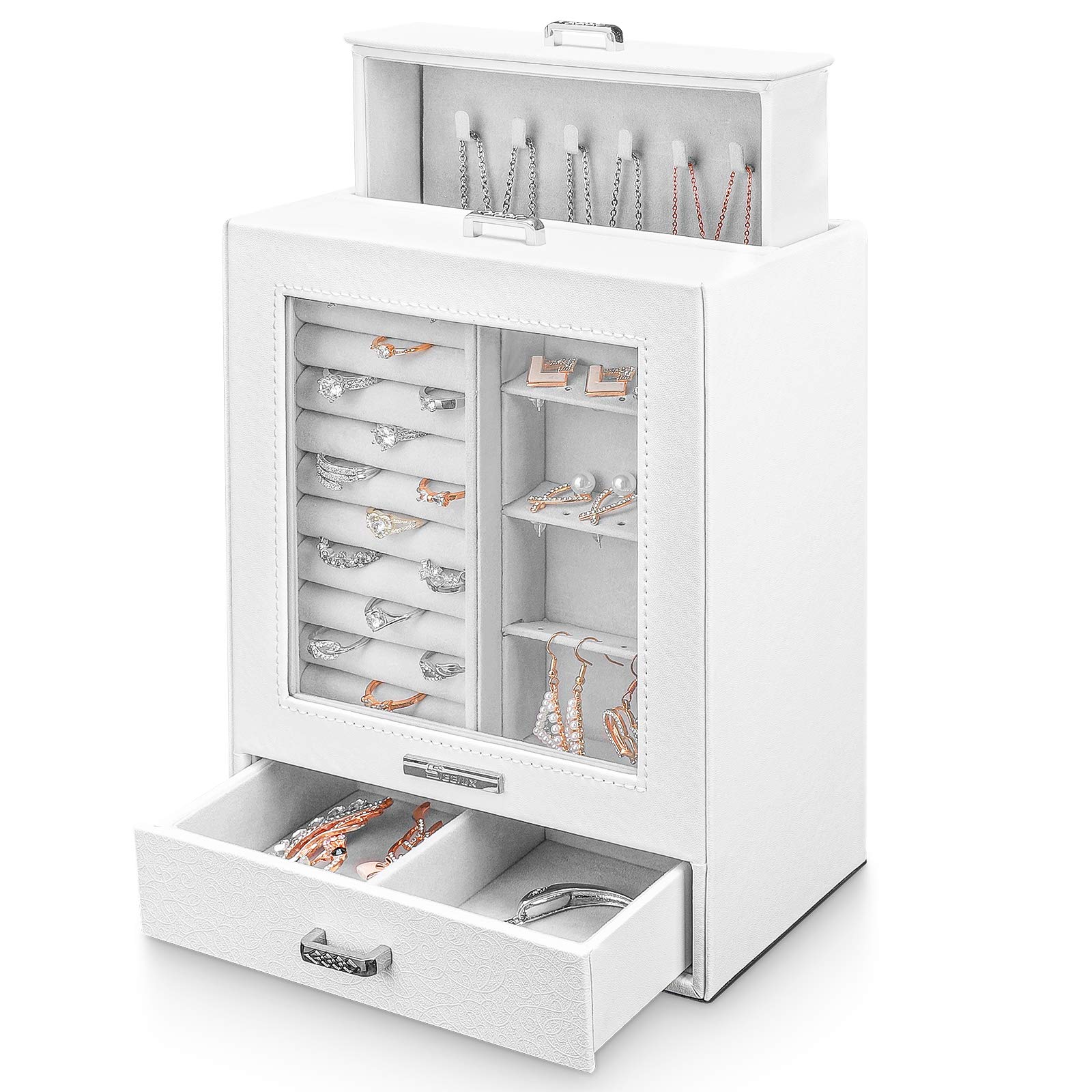 Yorbay Seelux jewellery box, jewellery box with 3 drawers, case with glass window, for necklaces, rings, bracelets, earrings (White)