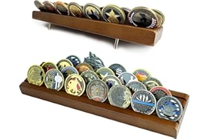 DecoWoodo Challenge Coin Display Stand 4 Rows Wooden Military Coin Holder Rack Case Holds 30 Coins, Walnut Finish