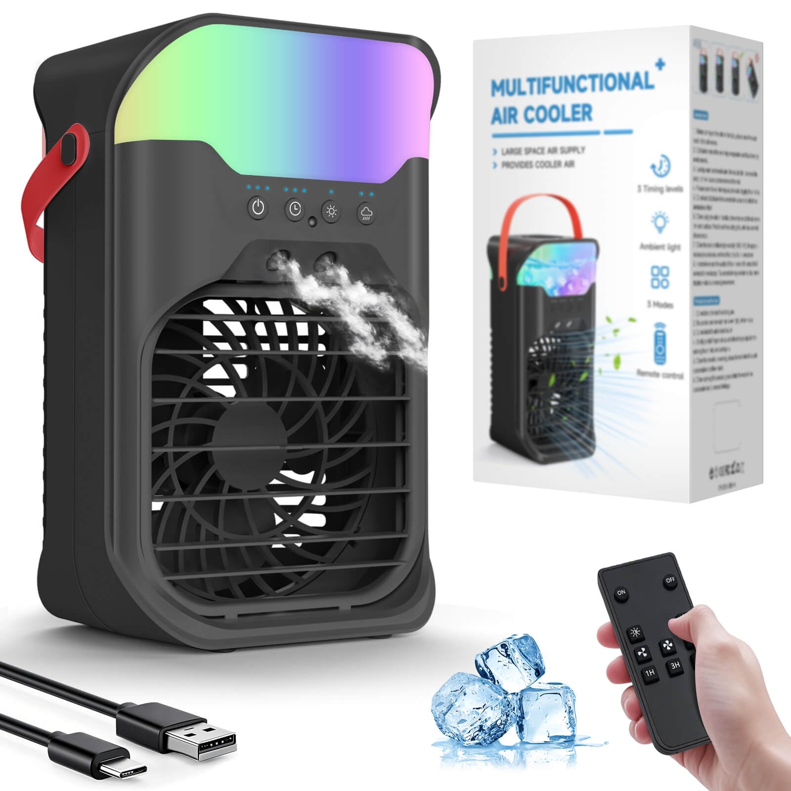 Photo 1 of Portable Air Conditioner, 1500ML, Removable & Washable Fan Blades, Timer Function, 4 Speeds, 2 Cool Mists, 7-Color Light, Personal Evaporative Air Cooler for Home, Office, Bedroom, and Camping-Black