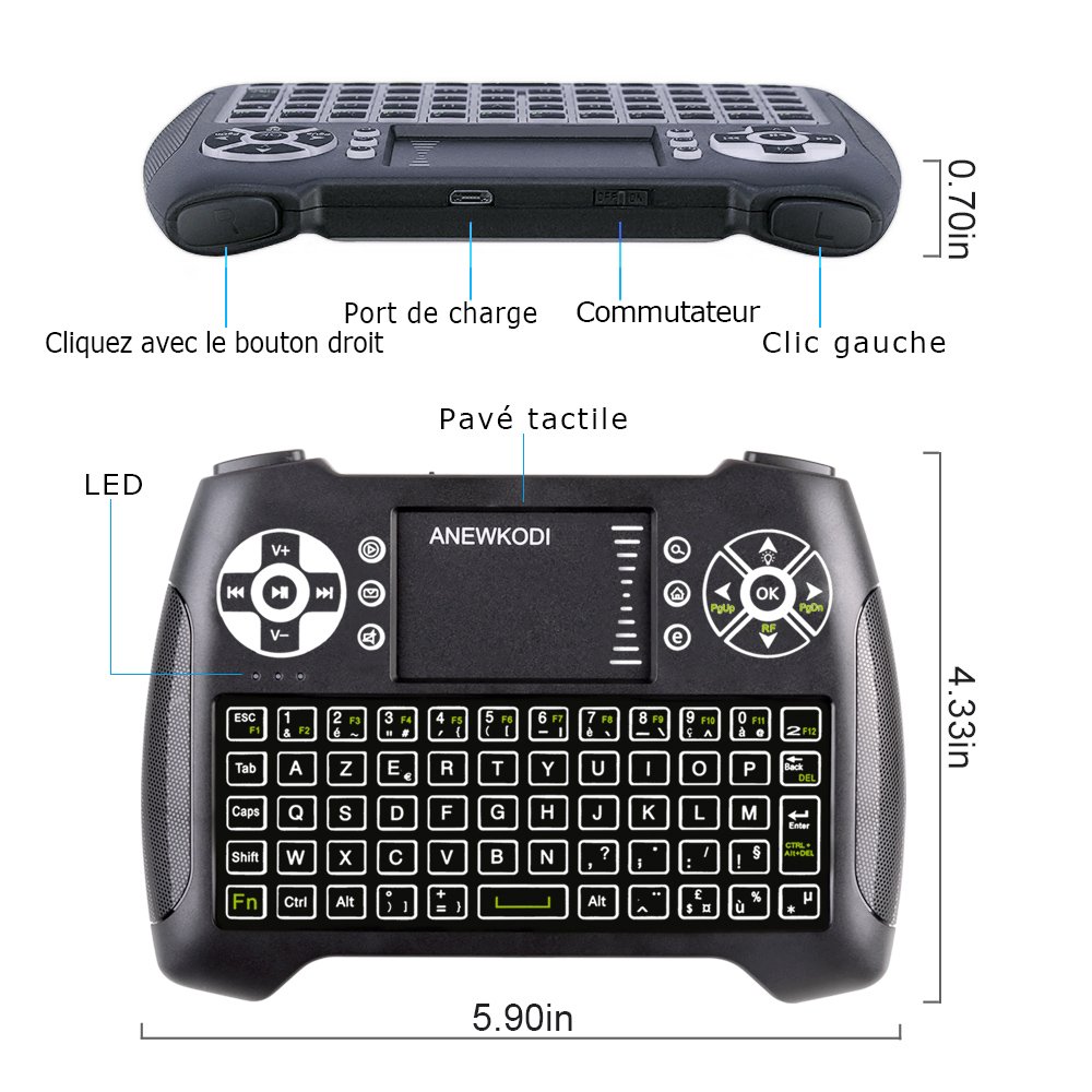 ANEWKODI QWERTY Mini Clavier Rétro-éclairé Sans fil, 2.4GHz Mini Clavier de Souris Combo, Mini Clavier Wireless Télécommande pour Téléviseur intelligent,HTPC,IPTV, Téléviseur Android, XBOX360, PS3, PC
