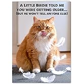 Funny Birthday Cat Card for All, Women, Men, Mom, Dad, Sister, Brother and Friends, Cat Photo Card with envelope and Free Note Card including the Little Birdie who won't tell