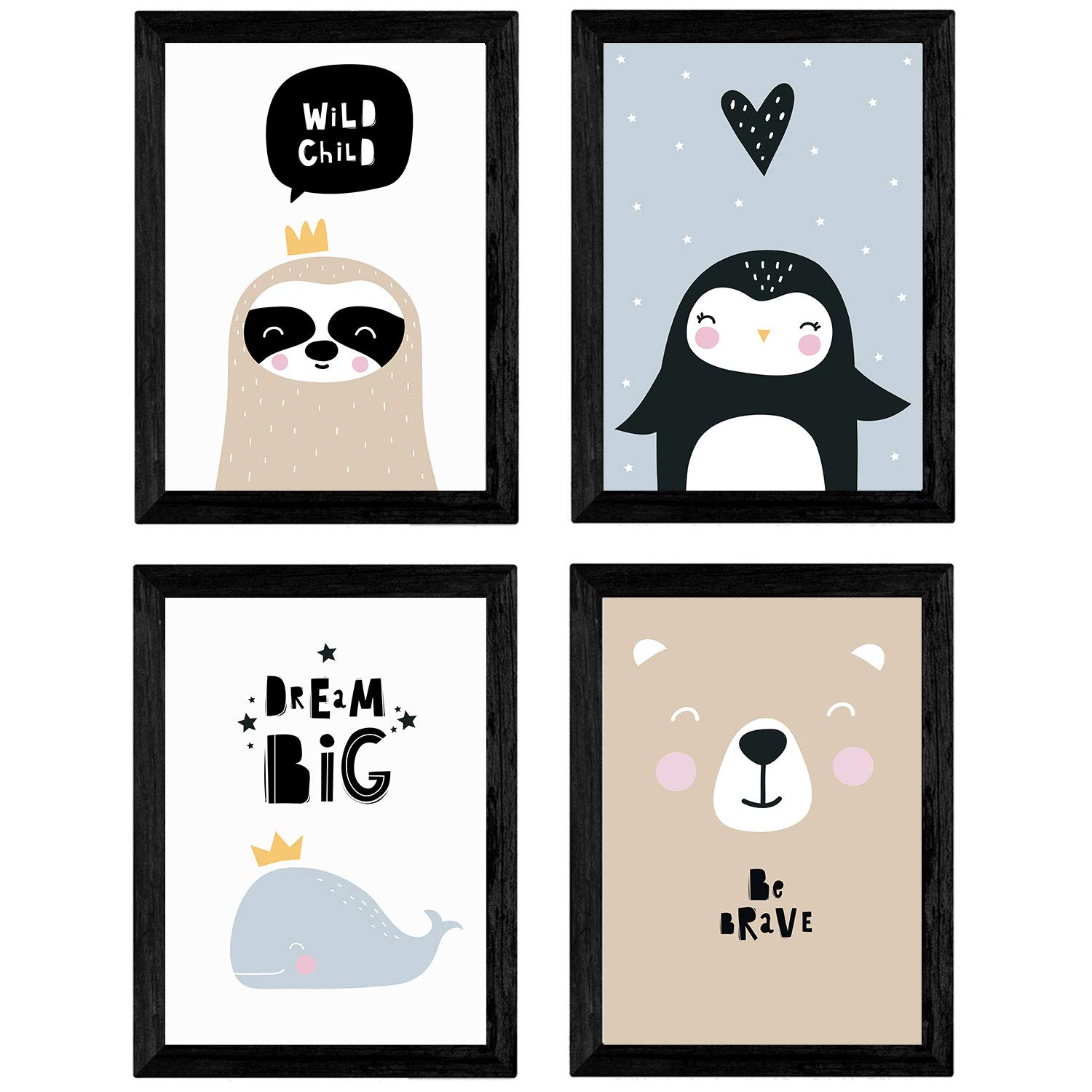 Nacnic Set of 4 sheets whale, penguin, seal and polar bear. Posters animals. A4 unframed