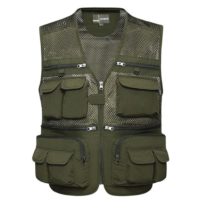 Zicac Herren Outdoor Weste, Breathable Multi-Tasche Reißverschluss Netz Weste Angeln Vest für Jagd Angeln Camping