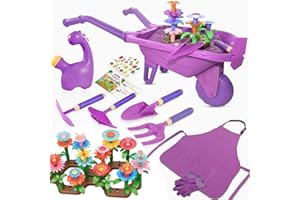 Qtioucp 16Pcs Kids Gardening Tools Outdoor Toys Set Backyard Play with 93 PCS DIY Flower Garden Building Preschool Activities (Purple)