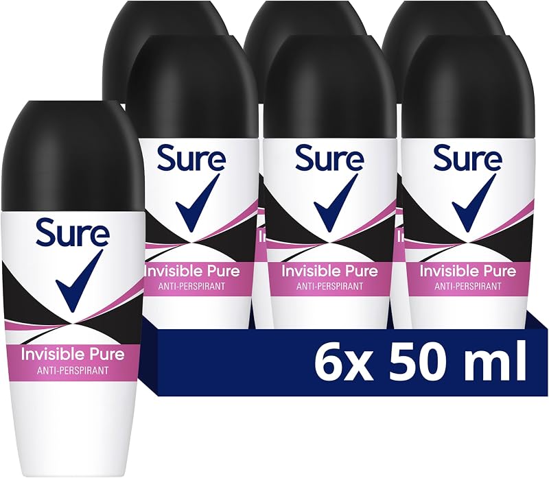 Sure Invisible Pure Roll On Anti-Perspirant Women 48hr No White Marks Stains 6x