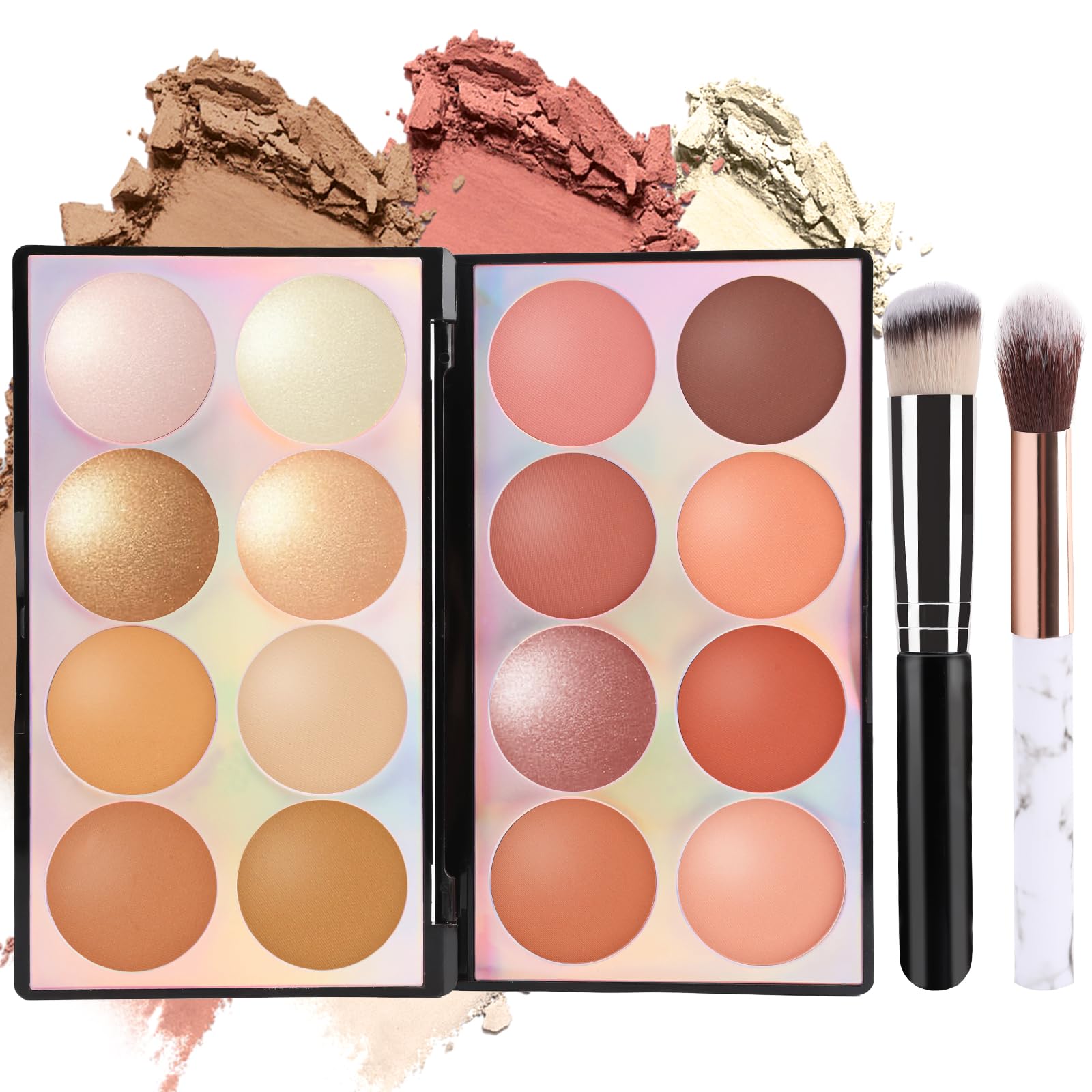Photo 1 of 16 Colors Contour Highlighter Blush Palette with 2Pcs Brushes, Powder Blush for Cheeks, Long Lasting Contour & Illuminator for Natural Glow & Face Sculpting (8 Blushes + 4 Highlighters + 4 Bronzers)