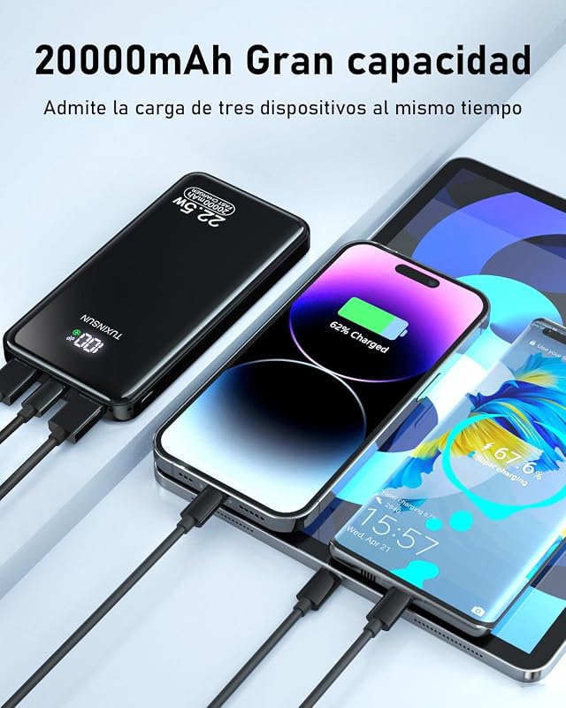 Power Bank 20000 mAh 22,5 W PD3.0 QC4.0, batería Externa para móvil con Carga rápida PD20W, Pantalla LCD, Puertos USB-C de Entrada y Salida, Cargador portátil Compatible con Smartphones — foto 4 de 6