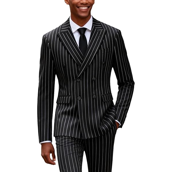 MOGU Mens Double Breasted Pinstripe Suit - 2 Piece Slim Fit
