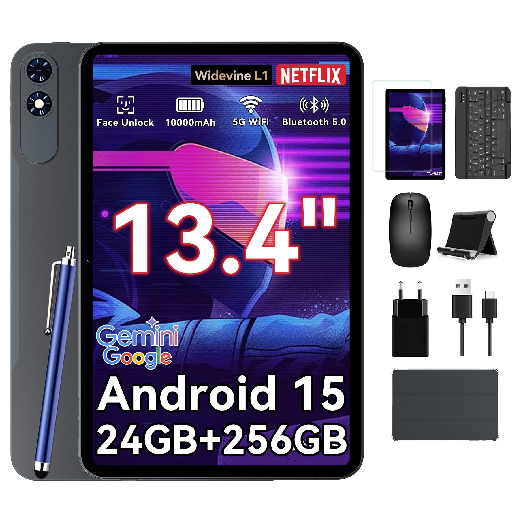 Photo 1 of 13 Inch Large Tablet,Android 15 Tablets with Gemini AI,24GB RAM+256GB ROM, 120Hz, Octa-Core,10000mAh Fast Charge, WiFi6, Large Android Tablet with Keyboard and Pen Gaming Office Suite-2-Year Warranty