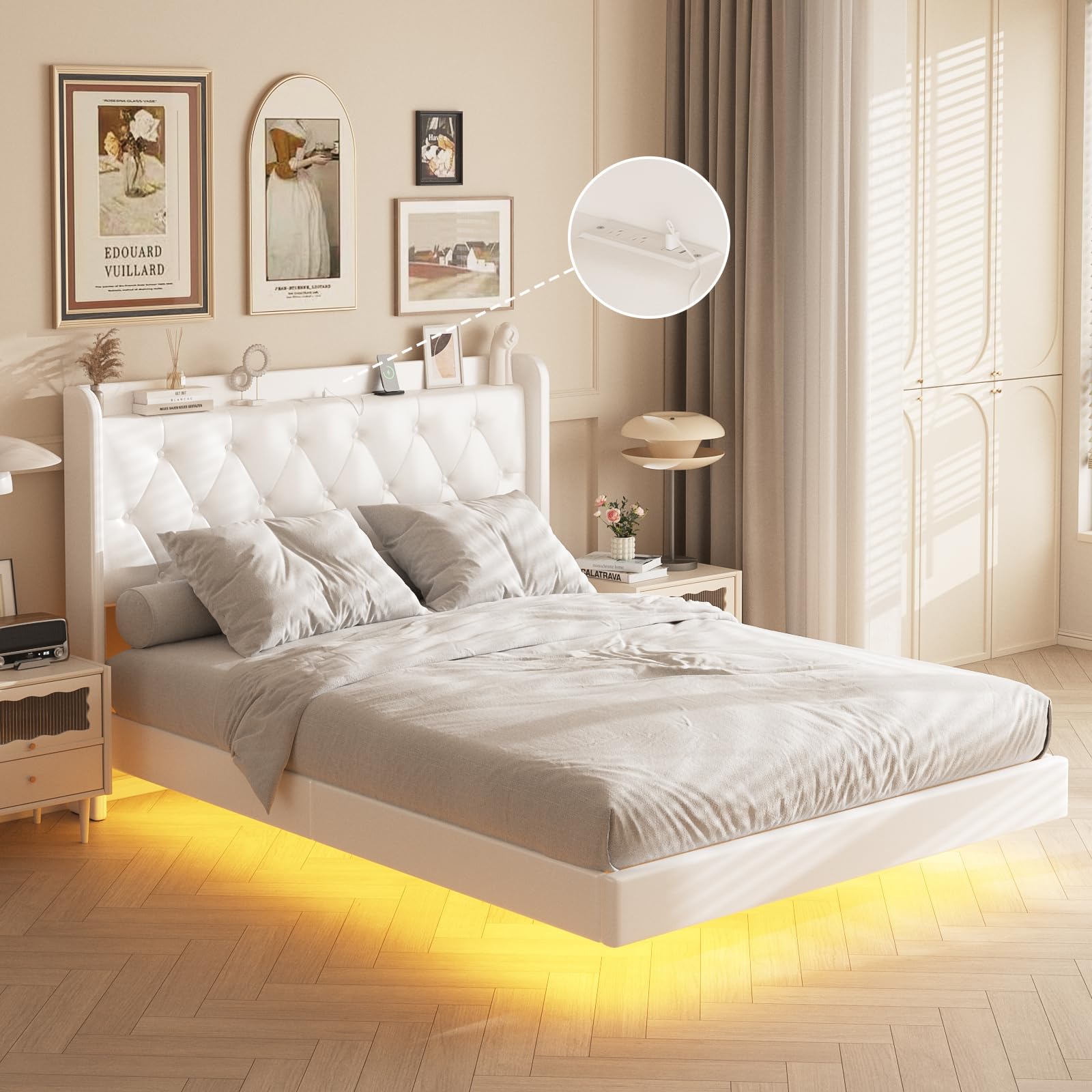 Photo 1 of Queen Size Floating Bed Frame with LED Lights, Upholstered PU Leather Platform Bed with Charging Station & Button Tufted Headboard Storage, No Box Spring Needed, White