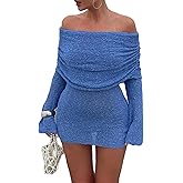Unybwonn Women's Off Shoulder Mini Short Dress Bodycon Long Sleeve Crochet Sexy Going Out Mesh Elegant Sweater Dresses