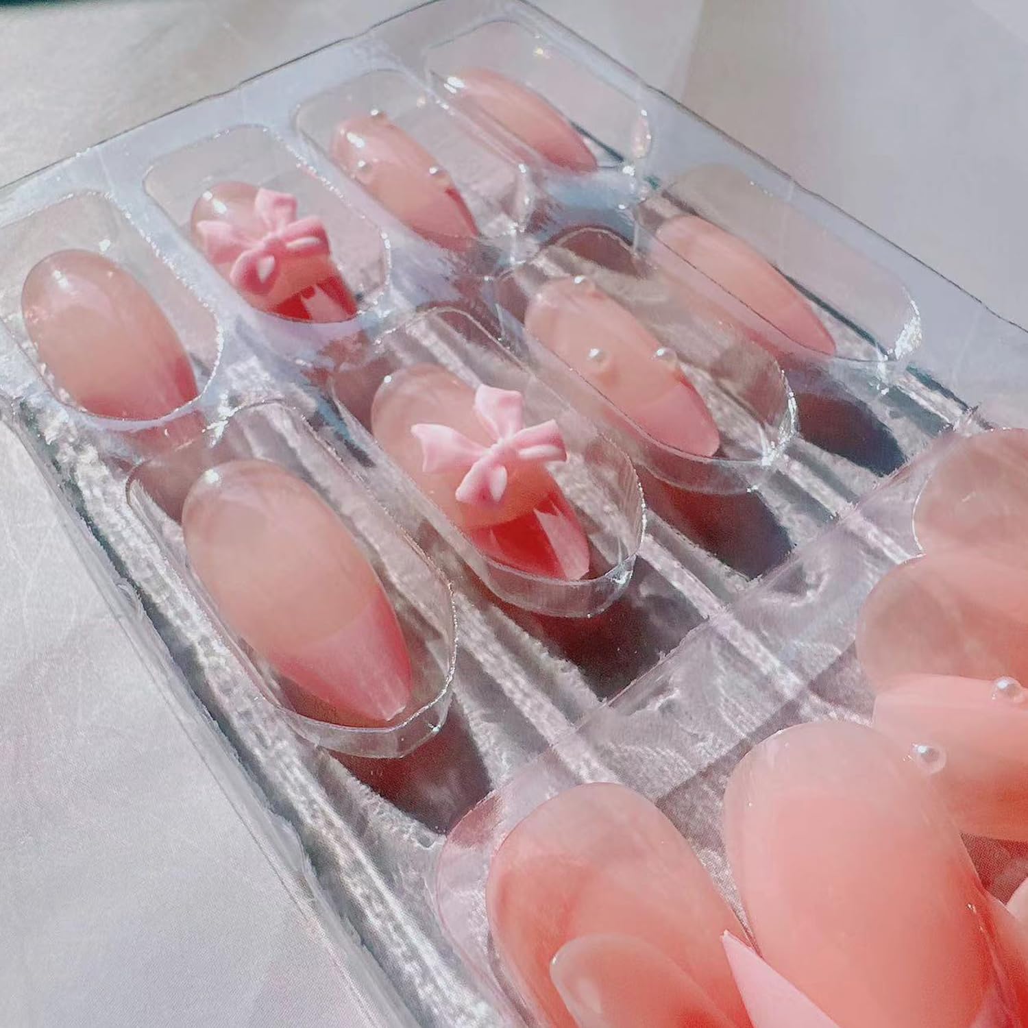 24Pcs French Press on Nails Almond Fake Nails with Bow Pearl Design Pink French Tip False Nails Cute Pink Press on French Nail Tips Glossy Artificial Nails Acrylic Stick on Nails for Women Manicure - Image 5