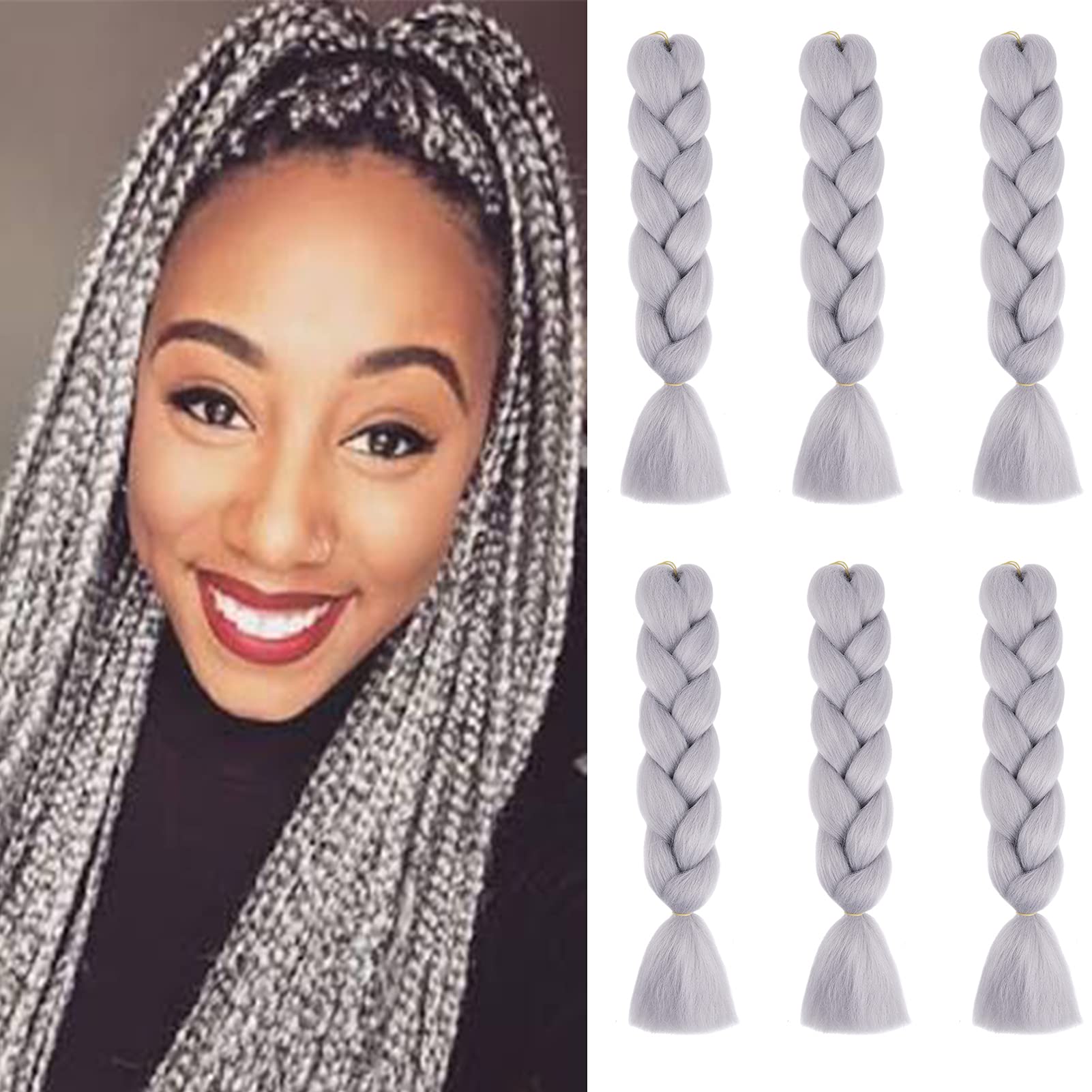 Cybelleza 6 Pcs /600g 24" Braiding Hair Extensions Jumbo Braids Synthetic Crochet Hair Afro Box Braid Heat Resistent (Light Gray) — image 1