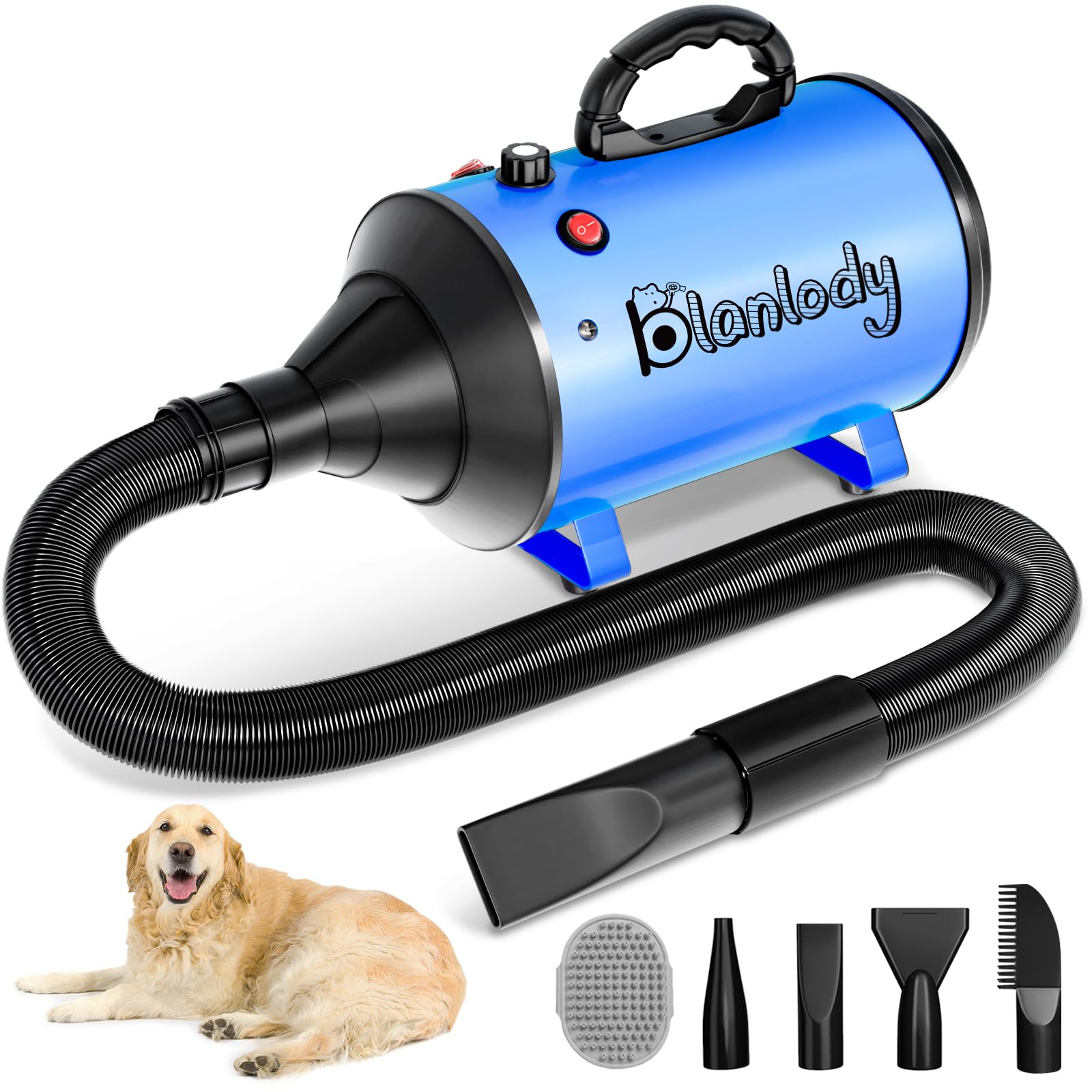 Photo 1 of Dog Blower Grooming Dryer, Low Noise Pet Dryer Adjustable Speed and Temperature,5.2HP/ 3800W Dog Hair Dryer with Thickened Handle, High Velocity Blow Dryer for Dogs & 4 Nozzles 1 Massage Brush, Blue