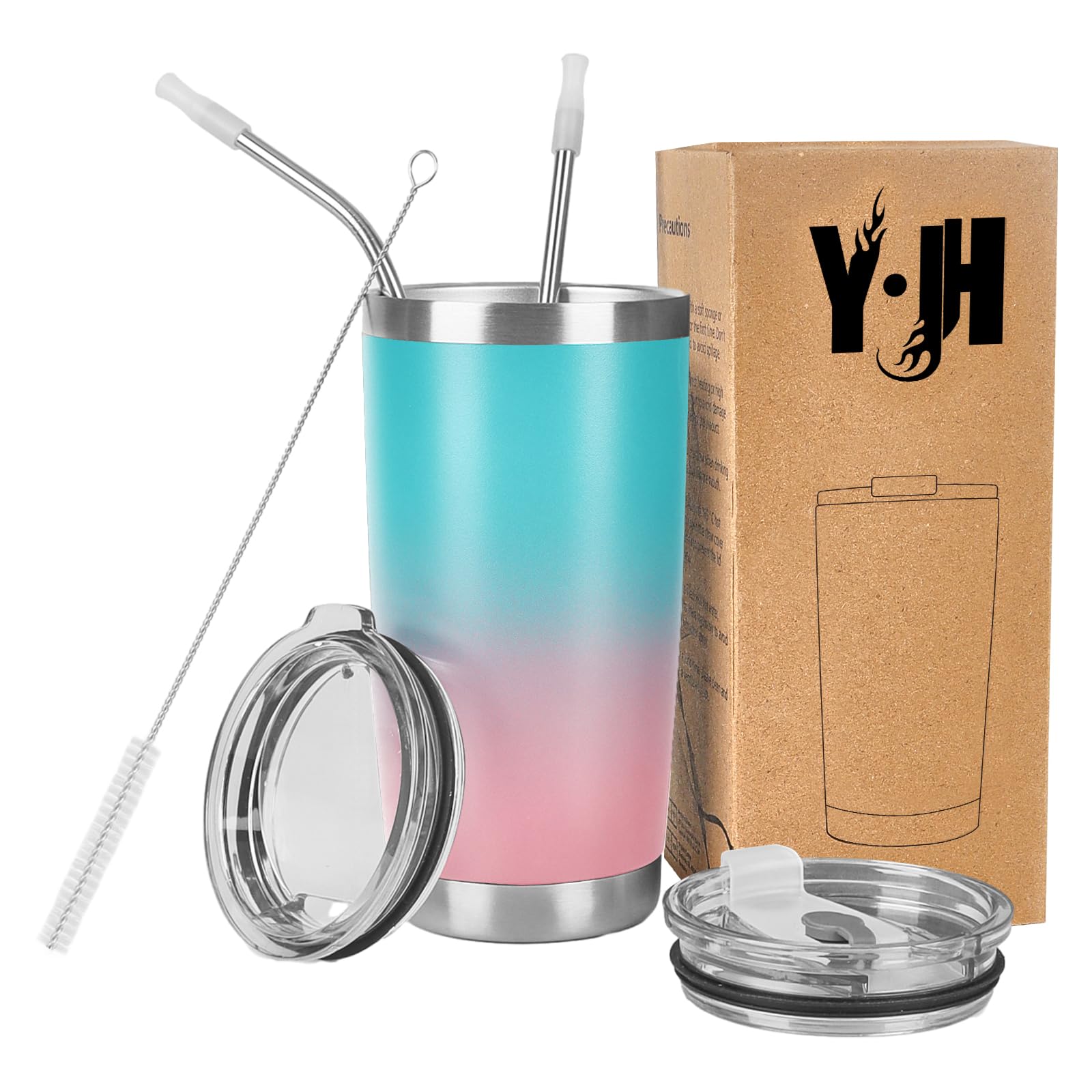 Y·J&H 20oz (550ml) Travel Tumbler Double Wall Vacuum Insulated Coffee Mug Stainless Steel Coffee Cup with 2 Splash Proof Lid, 2 Straws & Free Cleaning Brush, BPA Free - Turquoise&Pink