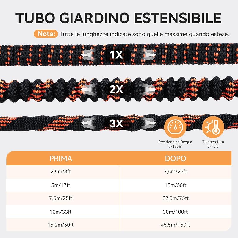 Tubo da Acqua Giardino Estensibile 15M/50FT, Pistola 10 Funzioni