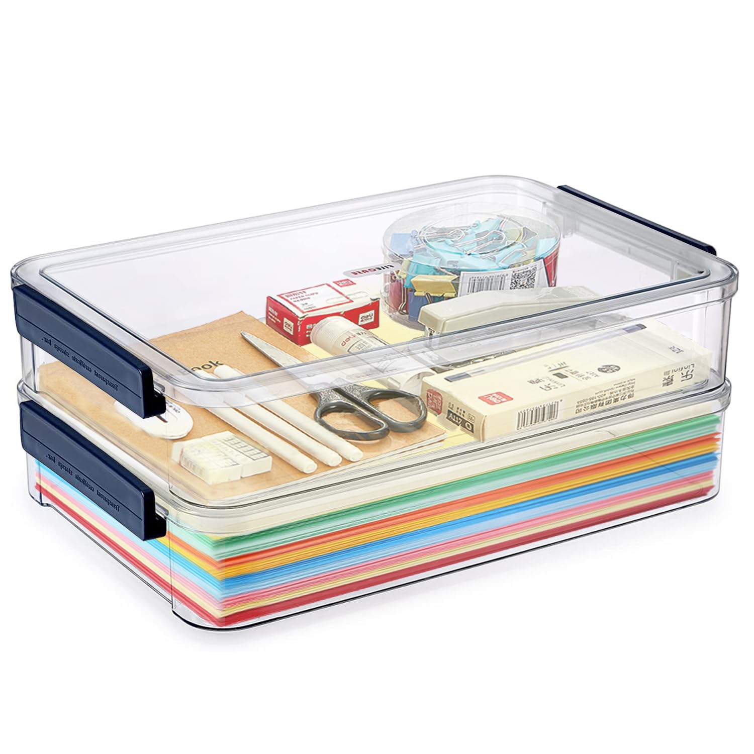 Photo 1 of 2 Pack 5.5qt 9 x 13 Clear Plastic Storage Box with Snap-Tight Latch, Stackable Organizer Container for A4 Files, Photos, Documents, Scrapbook, Crafts, and Art Supplies,Clear Storage Box With Lids