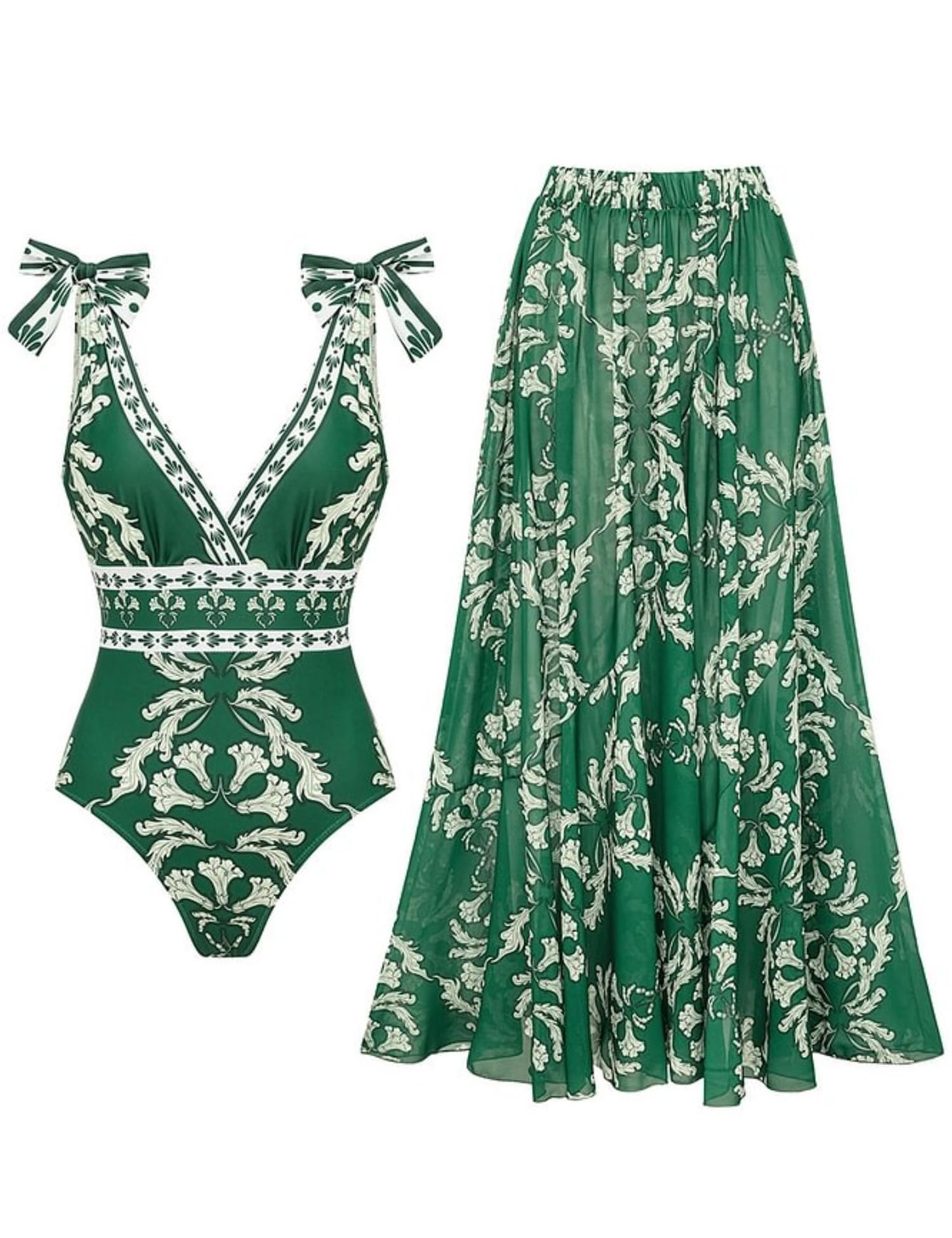 Photo 1 of FLAXMAKER Blue and White Adjustable Shoulder Strip Plant Prints One Piece Swimsuit and Skirt/Sarong(Green #1,M)