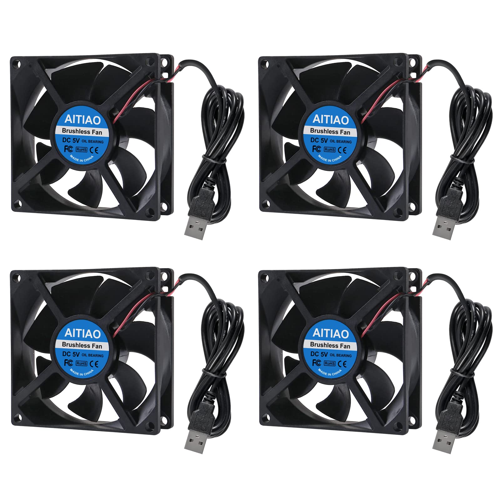 Photo 1 of AITIAO 4Pcs 80mm USB Fan 5V DC 8025 Brushless Cooling Fans 80mmx25mm Oil Bearing Fan for 3D Printer Computer Case Fan CPU Coolers DIY Cooling Ventilation Projects