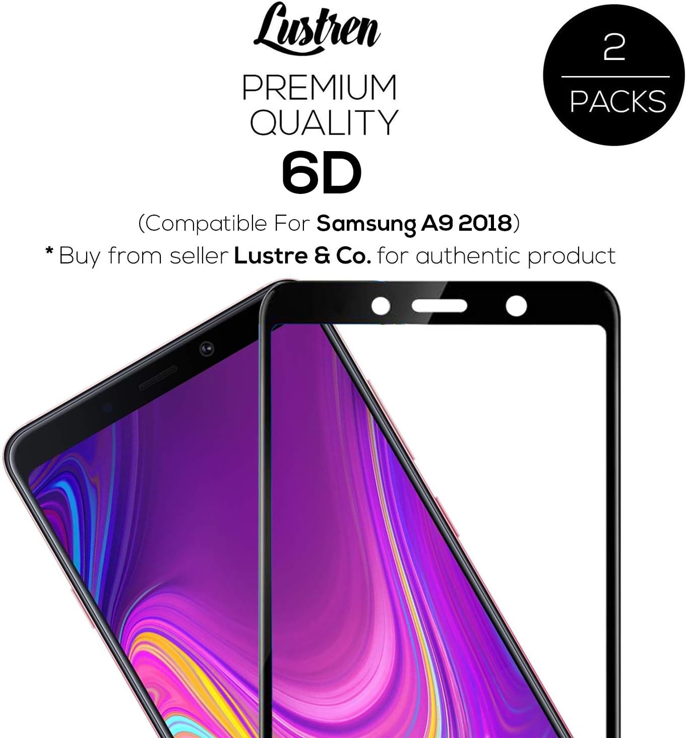 Lustren 6D Curved Edge Full Screen Gorilla Guard 9H Hardness Tempered Glass Protector for Samsung Galaxy A9 2018 (Black) - Pack of 2