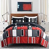 ARTALL Microfiber 2 Pieces Comforter Set Black Gray Red Plaid Pattern Lightweight Bedding Set, Twin Size with 1 Sham