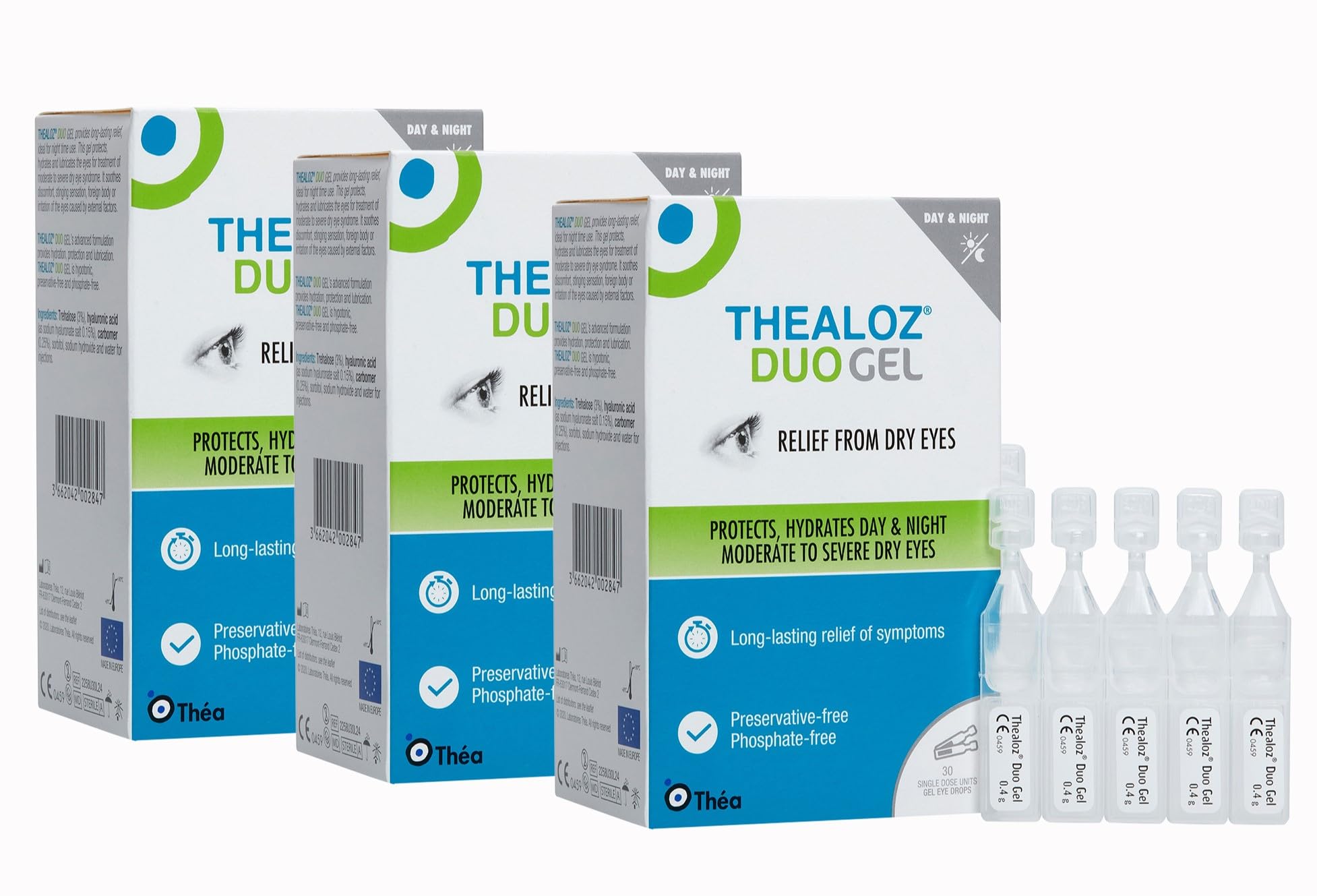 90 Thealoz Duo Gel (Single Dose Units) Eye Drops - Longer-Lasting Relief for Dry, Tired & Sore Eyes |Ideal for Overnight Relief |Gentle, Preservative-Free Gel | 3 Pack | 90 Single Dose Units