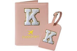 COSHAYSOO Initial Passport Cover Holder and Luggage Tag Set with Chenille Letter Patch for Women Teenage Girls, Traveling Necessities Supply Unique Bag Suitcase Identifier Pink K