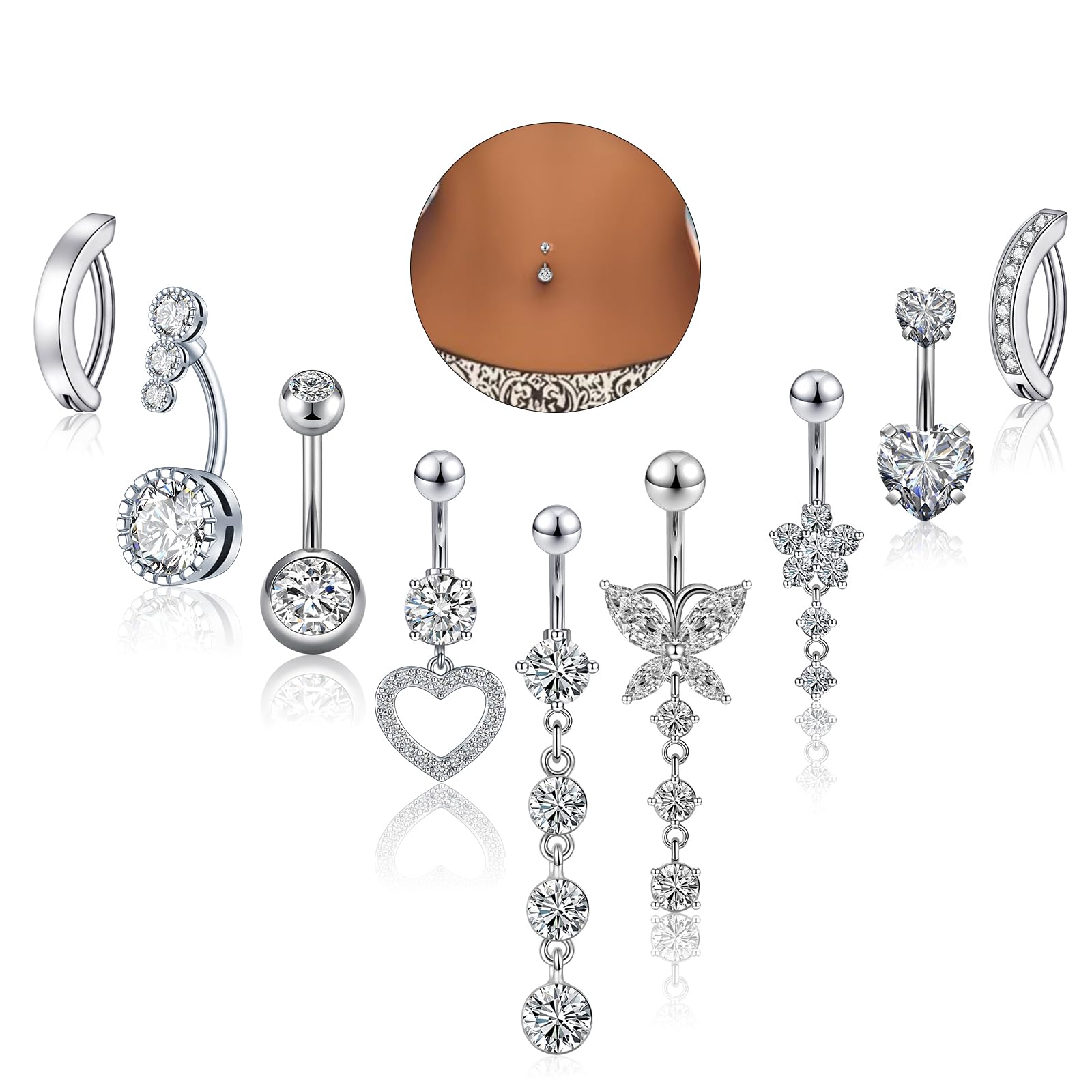 Beautidots 9PCS Belly Button Ring Silver Dangle