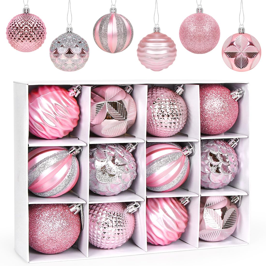 60mm/2.36" Christmas Balls Pink, 12 pcs Christmas Baubles, Shatterproof Tree Balls Ornaments, Tree Hanging Pendant for Xmas Holiday Wedding Party Decoration